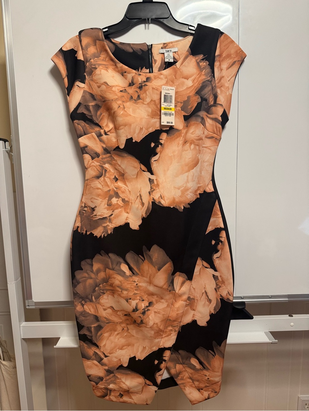 Bar III Black Midi Dress with Peach Floral Print